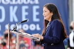 FILE - Interior Secretary Deb Haaland speaks at the Cherokee Immersion School on Dec. 3, 2021, in Tahlequah, Okla. Haaland says the healing, investigations and former president Joe Biden’s apology have created lasting truth and relief.