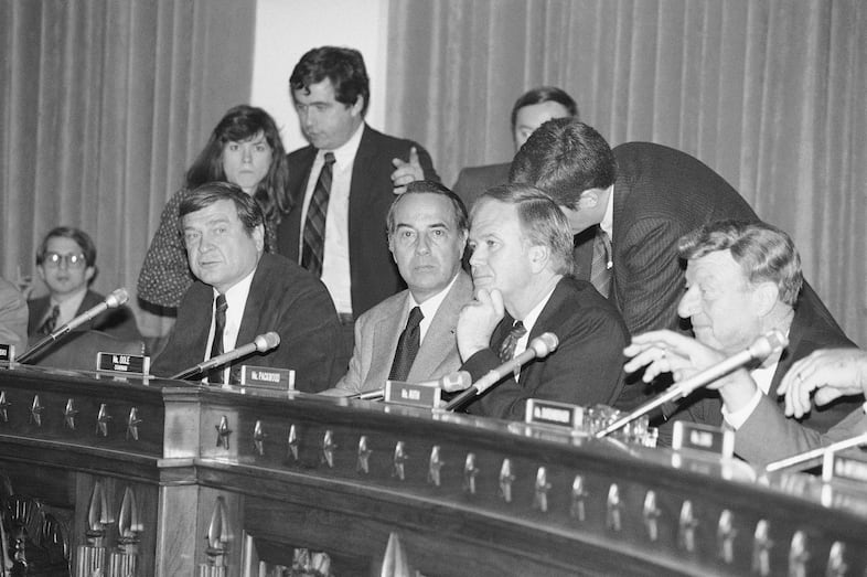 Members of the Senate House Conference Committee meet, Sunday, Dec. 31, 1982 on Capitol Hill in Washington to begin talks on the proposal five post increases in the federal gas tax. From left are: Sen. Bob Packwood, R-Ore, and Sen. William Roth, It is expected the agreement would come quickly.