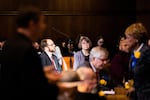 Senate Majority Leader Ginny Burdick, D-Portland, listens to arguments on the floor of the Oregon Senate on Monday, Jan. 14, 2019.
