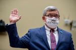 Census Bureau Director Steven Dillingham wears a mask with the words "2020 Census" as he is sworn in to testify before a House Committee on Oversight and Reform hearing on the 2020 Census on Capitol Hill, Wednesday, July 29, 2020, in Washington.