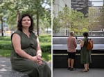 Left: Annmarie Fertoli sits outdoors at the 9/11 Memorial & Museum. Right: She holds a microphone to record her father as they stand outdoors looking at the 9/11 Memorial.