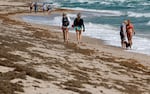 Beachgoers walk past seaweed that washed ashore on March 16, 2023 in Fort Lauderdale, Fla.