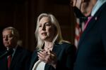 Sen. Kirsten Gillibrand (D-NY) during a news conference following the passage of the Ending Forced Arbitration of Sexual Assault and Sexual Harassment Act on Capitol Hill on Feb. 10, 2022 in Washington, D.C.