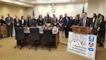 Rep. Andrew Barkis (R-Olympia) speaks during a news conference Jan. 31 to highlight a bipartisan effort aimed at increasing the number of available homes in Washington.