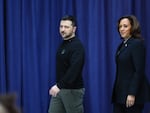 Ukrainian President Volodymyr Zelenskyy and Vice President Harris arrive at a press conference at the Munich Security Conference on Feb. 17.
