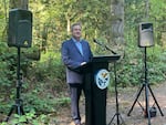 Washington Public Lands Commissioner Dave Upthegrove speaks during a press conference at the High Peak Trailhead on Tiger Peak Mountain on Tuesday, Aug. 26, 2025.
