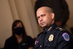 Capitol Police Sgt. Aquilino Gonell tears up during a hearing of the House select committee investigating the Jan. 6 attack on the U.S. Capitol.