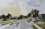 A painting from artist Stephen Hayes depicting Ferguson Mo. before the 2014 shooting of Michael Brown.