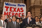 Texas state Rep. Pete Gallego speaks on the steps of the state Capitol after Texas Democrats returned from a week-long walkout over a redistricting bill in 2003.