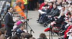 Then-Culture, Media and Sport Secretary Andy Burnham speaks at an official memorial event at Liverpool's Anfield Stadium to mark the 20th anniversary of the Hillsborough disaster in which 96 soccer fans died.