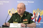 Maj. Gen. Igor Kirillov, the chief of the Russian military's radiation, chemical and biological protection unit, attends a briefing in Kubinka Patriot park, outside Moscow, Russia, on June 22, 2018.