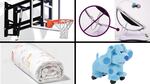 Clockwise from top left: Goalsetter wall-mounted basketball goals recalled for injury hazard; 4moms MamaRoo Baby Swing, versions 1.0-4.0, recalled for strangulation hazard; Blue's Clues Foot to Floor Ride-on Toys recalled for injury and fall hazards; Pillowfort Weighted Blankets recalled for asphyxiation hazard and risk of death.
