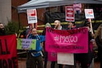 Counterprotesters gather at an Oregon Right to Life rally at Pioneer Courthouse Square in Portland, Ore., Saturday, Jan. 19, 2019.