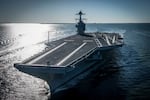 In this photo provided by the U.S. Navy, the USS Gerald R. Ford embarked on the first of its sea trials to test various state-of-the-art systems on its own power for the first time, April 8, 2017, from Newport News, Va.