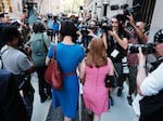 Jeffrey Epstein's alleged victims Sarah Ransome, center left, and Elizabeth Stein, center right, arrive at a Manhattan federal court for the sentencing of former socialite Ghislaine Maxwell on June 28, 2022.