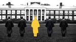 This photo illustration shows a black-and-white photo of a low, wide brick college building with two rows of windows and several white columns at the front entrance. Five students wearing graduation gowns stand in front of the building with their backs to the camera. The middle student is just a bright yellow silhouette.