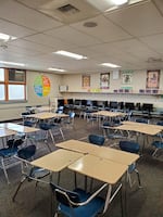 Desks in Nancy Swarat's classroom at Umatilla High School. Swarat has five students for limited in-person instruction. Each student sits at a table of four desks, to maintain distance.