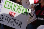 FILE - Students march at Arizona State University in protest of ASU's chapter of College Republicans United-led event encouraging students to report "their criminal classmates to ICE for deportations", Jan. 31, 2025, in Tempe, Ariz.