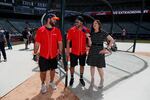 Colorado Rockies television announcer Jenny Cavnar, right, jokes with Vinny Castilla, center, special assistant to the Rockies general manager, and Denver Broncos fullback Andy Janovich after they took part in the UC Healthy Swings Charity Home Run Derby Tuesday, June 11, 2019, in Coors Field in Denver.