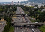 Southbound traffic congests Interstate 5, just north of the I-5 southbound closures through the Rose Quarter for five weeks, on the first full day of closures in Portland, Ore., on Sept. 12, 2026.