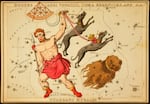 This 1825 etching provided by the Library of Congress shows an astronomical chart depicting Bootes the Ploughman holding a spear, a sickle, and two dogs, Asterion and Chara, on leashes, a quadrant, and the hair of Berenice forming the constellations.