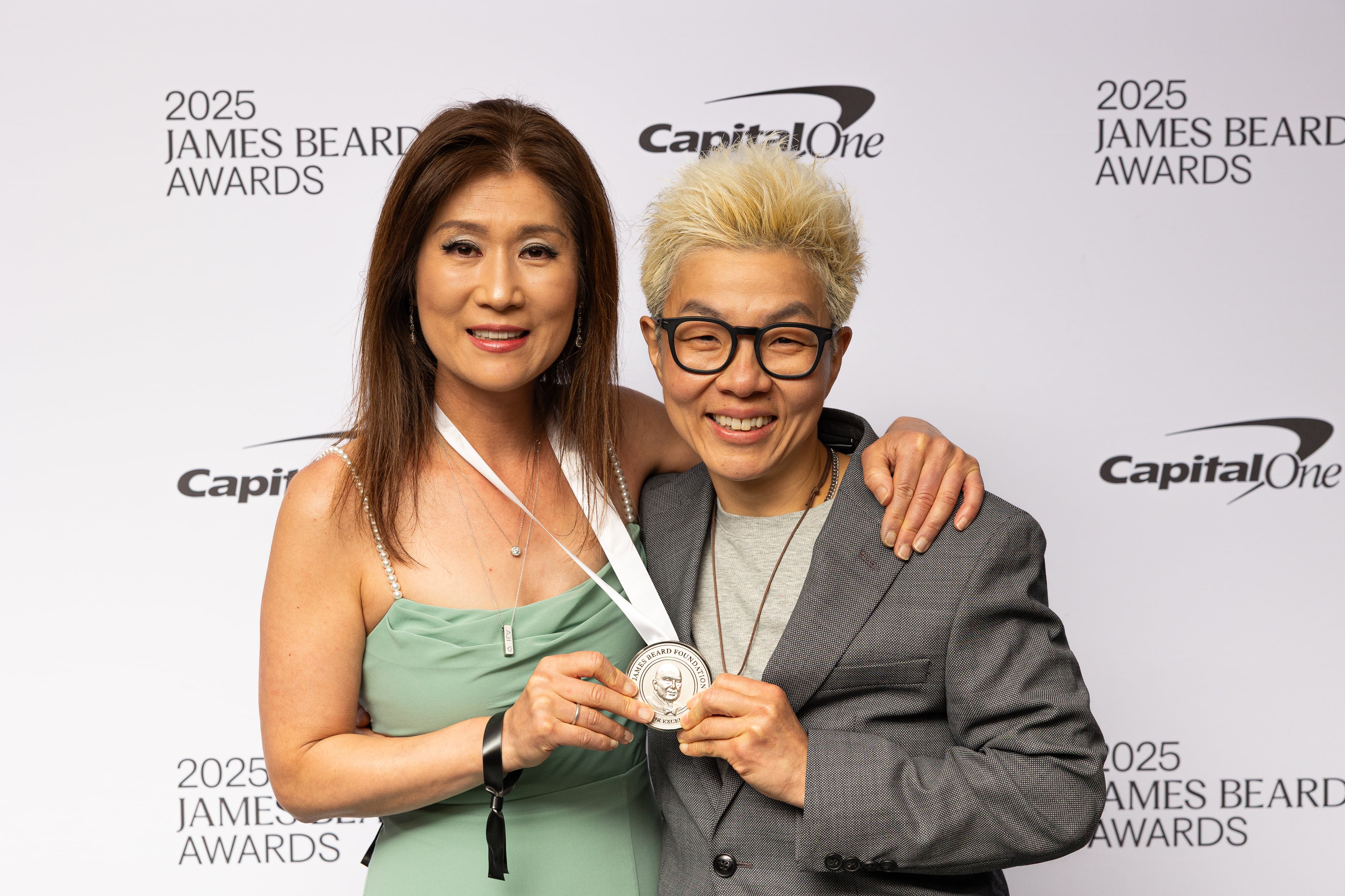 Jin Caldwell (L) and Kyurim Lee (R) at the 2025 James Beard Awards in Chicago on June 16, 2025. The pair who own JinJu Patisserie in Portland won Outstanding Bakery.