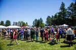 Visitors wait in line for food and drink.