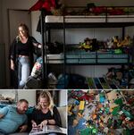 Top: As she prepared for her sons to come home, Courtney Johnson filled a room with bunk beds and toys, but the boys never came home. Bottom left: The Johnsons keep books of photos of the children who no longer live with them. Bottom right: The table of Legos in the boys' room.