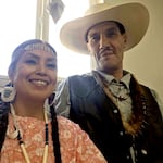 Alysia Klick’ump and her husband Elke Littleleaf at the Huckleberry Fest Ceremony on Sunday, July 26, 2026 in Warm Springs. The couple danced and prayed at the ceremony before learning that the Bench Fire had spread and evacuation notices were issued.