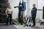 Recruit Nikki Acker and Training Officer Emily Samson in the Defense and Arrest Tactics (DAAT) room at the Madison Police Department training center.