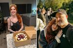 In the photo at left, Abigail Glavy wears a party tiara that says "Not dead yet" and has a nicely decorated cake in front of her as she sits at a table. At right, she and Dave Luke embrace.