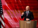 Utah Gov. Spencer Cox speaks about Salt Lake City's bid to host the 2034 Winter Olympics, during the 142nd IOC session at the 2024 Summer Olympics on Wednesday in Paris, France.