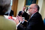 Office of Management and Budget Director Russ Vought speaks during a Cabinet meeting at the White House on April 30, 2025.
