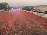 A truck hauling a load of tomatoes crashed Monday after a collision near Vacaville, Calif., and its load spilled across several lanes of Highway 80 in Northern California. Crews had cleaned the eastbound lanes but one westbound lane remained closed six hours after the crash, the CHP said.