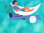 An illustration shows a person working on a laptop while lying in a hammock.