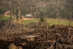 Small fires, set by a firefighting crew to use fuels, burn on the Roberts property off of Highway 26 between Warm Springs and Madras, Ore., among acres of land burned by the Bench Fire on July 27, 2026.