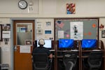 A detainee uses a computer in a common area at MacLaren Youth Correctional facility in Woodburn, Ore., on Nov. 6, 2025.