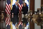 Vice President Kamala Harris, right, and Israeli Prime Minister Benjamin Netanyahu appear before a meeting at the Eisenhower Executive Office Building on the White House complex in Washington, Thursday, July 25, 2024.