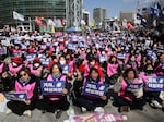 Women are shown at a rally to celebrate International Women's Day on March 8, 2024 in Seoul, South Korea. Participants of the rally advocated for a society free from institutional discrimination, one where women can enjoy equal rights with men.