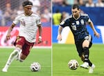 This combination of photos shows Spain forward Lamine Yamal (L) and Argentina star Lionel Messi competing earlier during the World Cup. Spain and Argentina will meet in the 2026 World Cup final Sunday afternoon in East Rutherford, N.J.