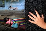 Left: One of the streets painted in the community of San Marquitos Oaxaca and Marlene, one of Emma's daughters, resting on a hammock. Right: Hair of a young Afro-descendant woman touched by another woman during one of the activities of the sixth Afro-descendant women's meetings in the Costa Chica of Oaxaca.