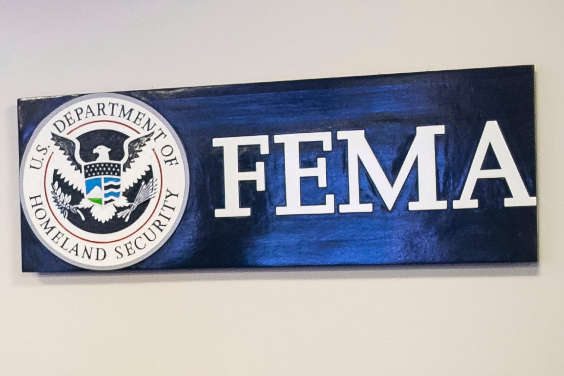 FILE - A sign for the Federal Emergency Management Agency is pictured at FEMA headquarters, April 20, 2020, in Washington. (Al Drago/The New York Times via AP, Pool)