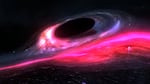 An animated image of a black hole in space, with a circle of pink, white and purple lines around it, with a fiery bright pink line shooting across the frame.