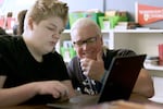 Dash Suave, left, works with paraeducator David Waldrip, in class at Cedar Park Middle School, Feb. 22, 2023. Waldrip supports students as needed as they learn in the Emotional Growth Center and in mainstream classrooms.