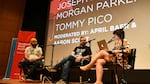 Joseph Fink (left) and Jeffrey Cranor (right), the creators of the podcast “Welcome to Nightvale”, talk with "State of Wonder" host April Baer about their second novel, “It Devours!,” onstage at Wordstock 2017.