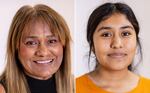 Grandview High School migrant advocate Delores Gonzalez (left) and former student Jazmin Corona (right) in Grandview, Wash., on June 14. Corona, now in college, has returned to the school district for a summer job.