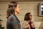 Multnomah County Chair Deborah Kafoury (left) and Oregon Gov. Kate Brown listen during visit to the Human Solutions Family Shelter in December 2017.