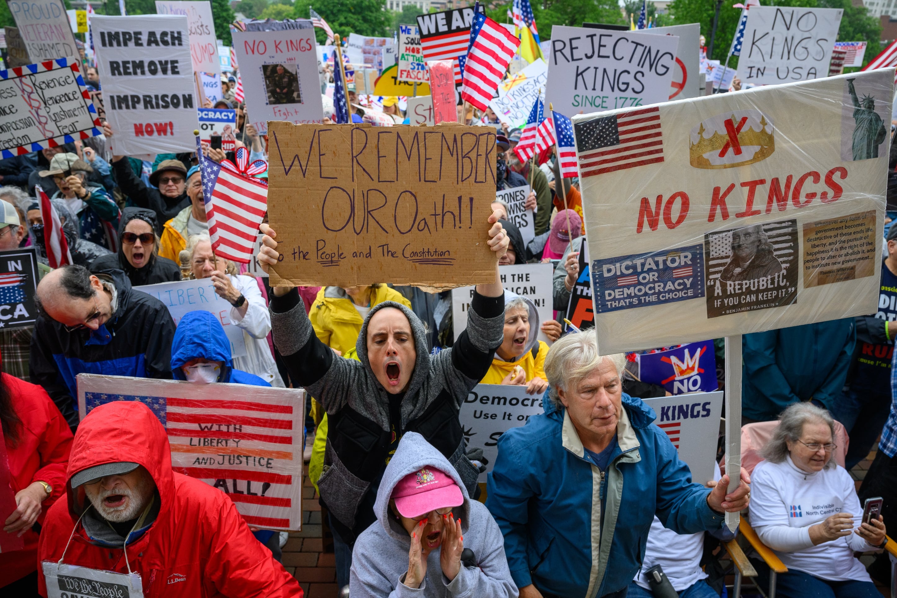 Hartford: Demonstrators outside The Connecticut State Capitol chant during a No Kings protest that event organizers said an estimated 7000 people attended.