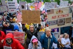 Hartford: Demonstrators outside The Connecticut State Capitol chant during a No Kings protest that event organizers said an estimated 7000 people attended.