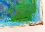 Claude Monet’s signature on the corner of his oil painting, “Waterlilies” (1914-15) at the Portland Art Museum, Aug. 1, 2024. The museum is restoring the painting, removing a varnish that saturates the paint colors, making them more intense than originally intended. The restoration is possible through funding from the Bank of America Art Conservation Project.